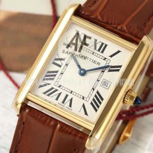 Cartier Tank Must Large 33.7mm Yellow Gold on Red leather watch strap White Dial