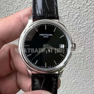 Patek Philippe Calatrava 5227G-10 Black Dial in White Gold on Black Leather Strap