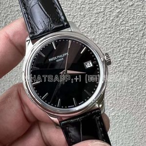 Patek Philippe Calatrava 5227G-10 Black Dial in White Gold on Black Leather Strap
