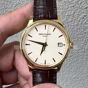 Patek Philippe Calatrava 5227J-001 White Dial in Yellow Gold on Brown Leather Strap