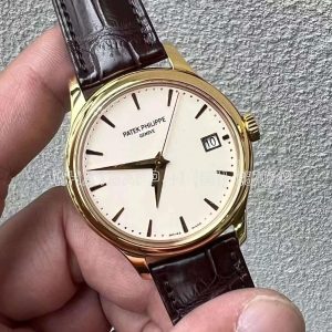 Patek Philippe Calatrava 5227J-001 White Dial in Yellow Gold on Brown Leather Strap