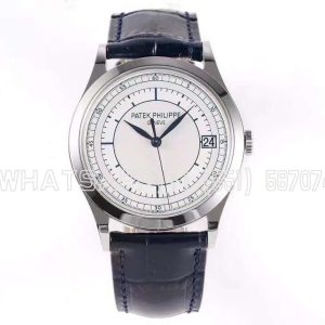 Patek Philippe Calatrava 5296G-001 White Dial in White Gold on Blue Leather Strap