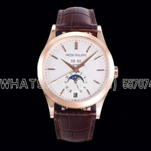 Patek Philippe Complication Annual Calendar Moonphase 38mm Rose Gold White Dial Brown Leather Strap