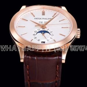 Patek Philippe Complication Annual Calendar Moonphase 38mm Rose Gold White Dial Brown Leather Strap