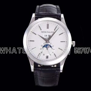 Patek Philippe Complication Annual Calendar Moonphase 38mm Steel White Dial Black Leather Strap