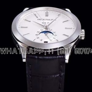 Patek Philippe Complication Annual Calendar Moonphase 38mm Steel White Dial Black Leather Strap