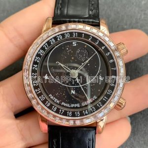 Patek Philippe Complication Moon Age RG Black Dial Diamonds Bezel on Black Leather Strap