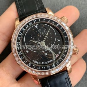 Patek Philippe Complication Moon Age RG Black Dial Diamonds Bezel on Black Leather Strap