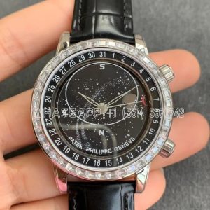 Patek Philippe Complication Moon Age SS Black Dial Diamonds Bezel on Black Leather Strap