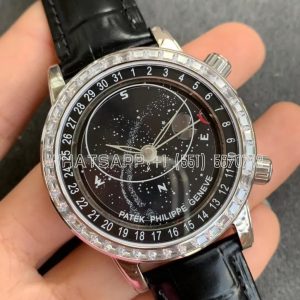 Patek Philippe Complication Moon Age SS Black Dial Diamonds Bezel on Black Leather Strap