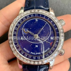 Patek Philippe Complication Moon Age SS Blue Dial Diamonds Bezel on Blue Leather Strap