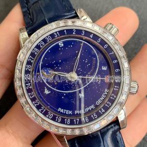 Patek Philippe Complication Moon Age SS Blue Dial Diamonds Bezel on Blue Leather Strap