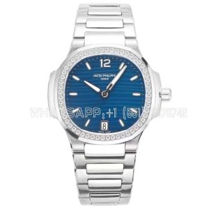 patek-philippe-nautilus-7118-ladies-ss-blue-dial-diamonds-bezel-on-ss-bracelet