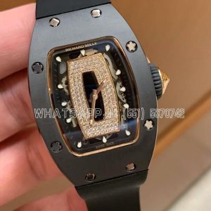 Richard Mille RM07 Ladies Black Ceramic Diamonds Bezel Black Dial on Black Rubber Strap