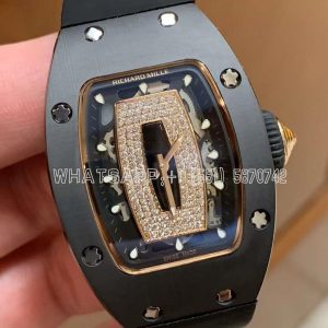 Richard Mille RM07 Ladies Black Ceramic Diamonds Bezel Black Dial on Black Rubber Strap