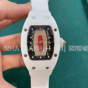 Richard Mille RM07 Ladies White Ceramic Diamonds Bezel Red Dial on White Rubber Strap