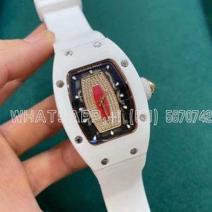 Richard Mille RM07 Ladies White Ceramic Diamonds Bezel Red Dial on White Rubber Strap